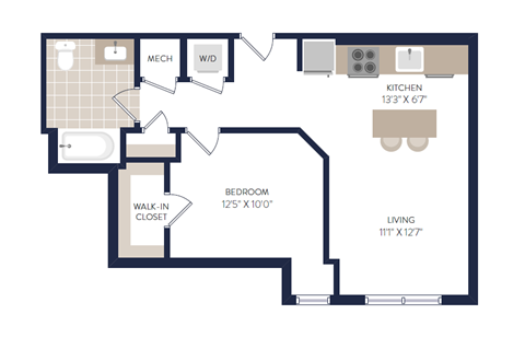 Floor plan for 1 bed, 1 bath, 576 sqft